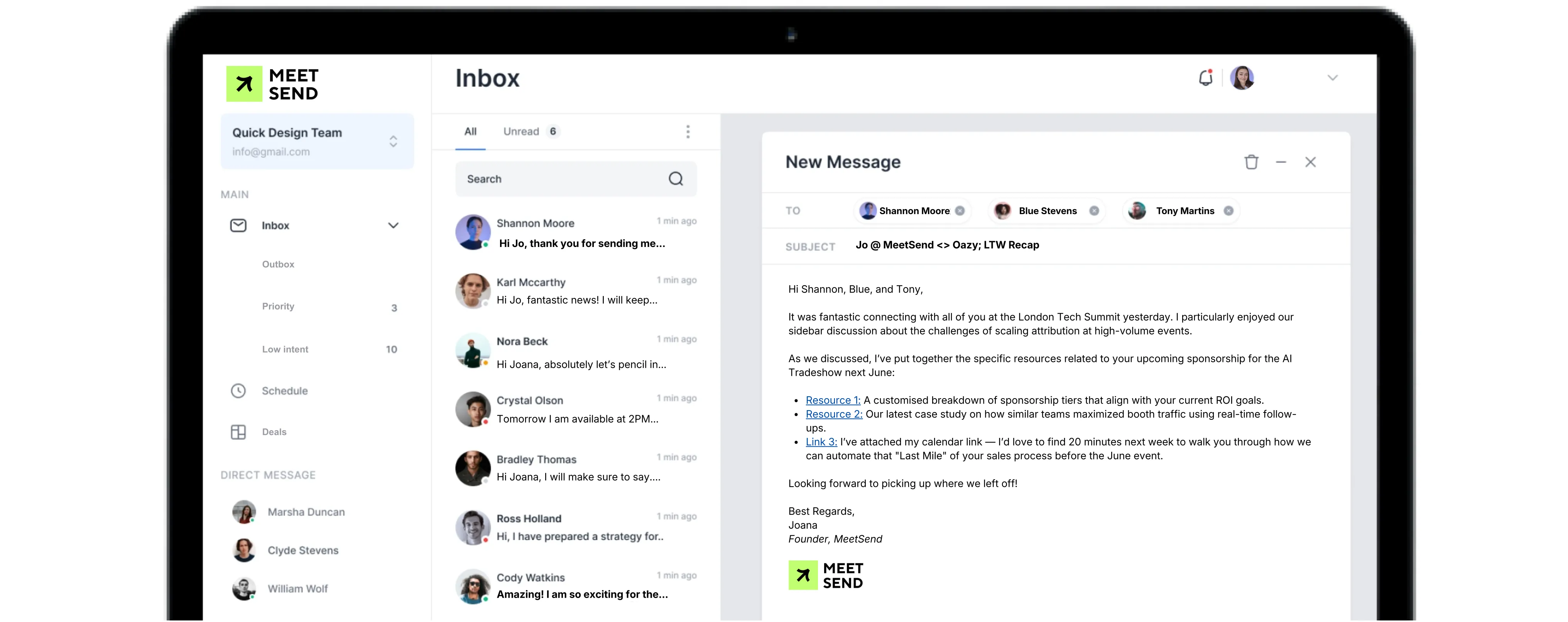 The MeetSend inbox with a follow-up email drafted after the London Tech Summit